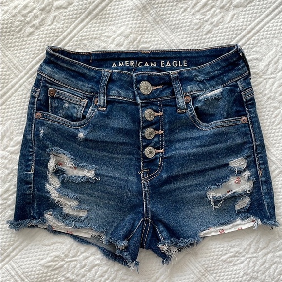American Eagle Outfitters Pants - American Eagle Hi-Rise Shortie Shorts Floral Distressed Button Fly Dark Wash 0